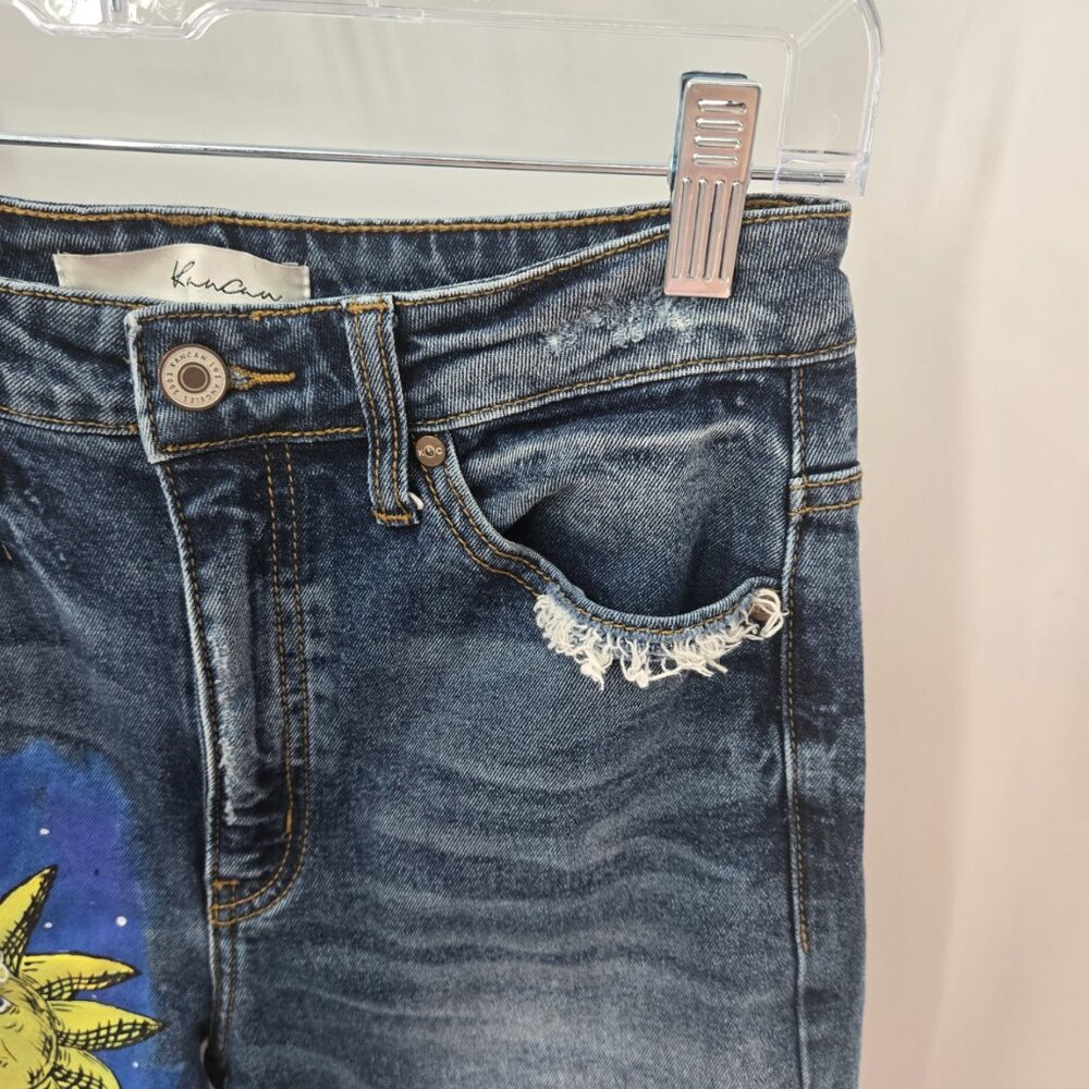 Kancan Blue Sun Moon Painted Distressed Raw Edge Jeans Waist 24 Size 1 - Picture 3 of 15